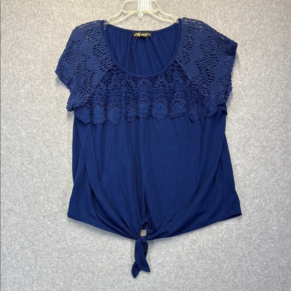 Absolutely Famous Blue Flutter Sleeve Tie Front Blouse